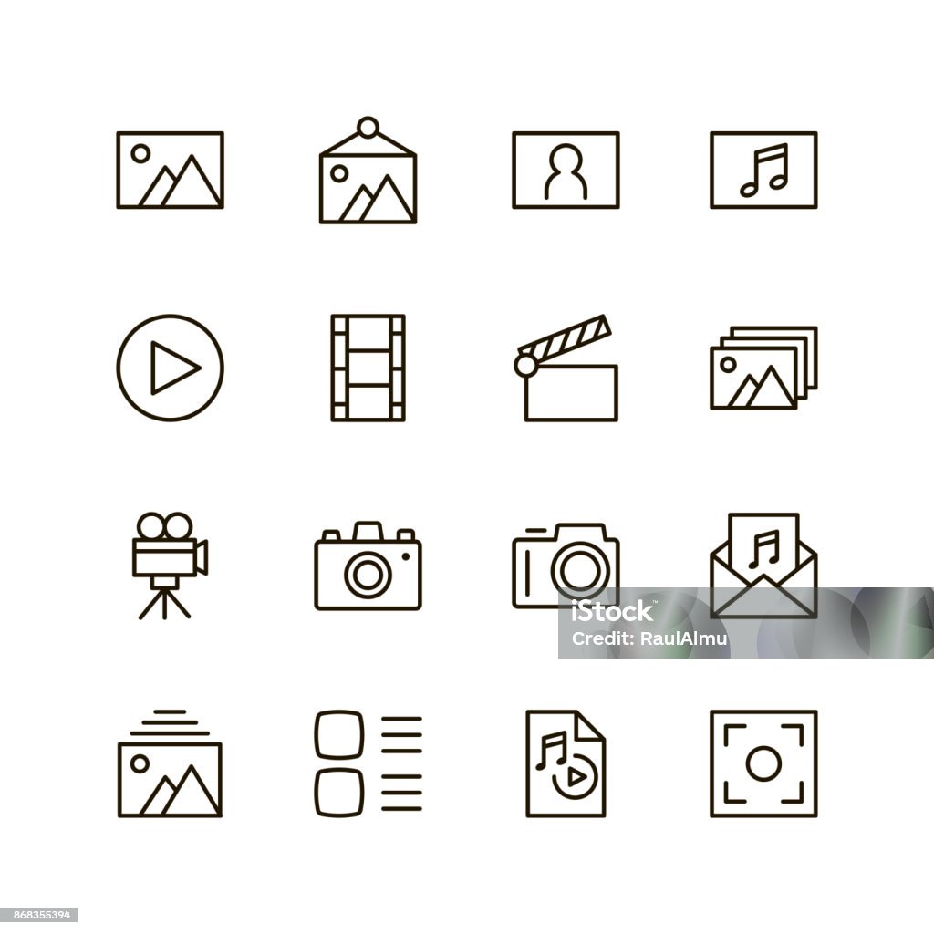 Flat line icon Gallery icon set. Collection of high quality outline media pictograms in modern flat style. Black information symbol for web design and mobile app on white background. Multimedia line icon. Icon Symbol stock vector