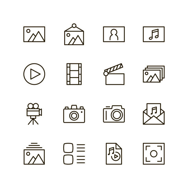 Flat line icon Gallery icon set. Collection of high quality outline media pictograms in modern flat style. Black information symbol for web design and mobile app on white background. Multimedia line icon. pixelated photos stock illustrations