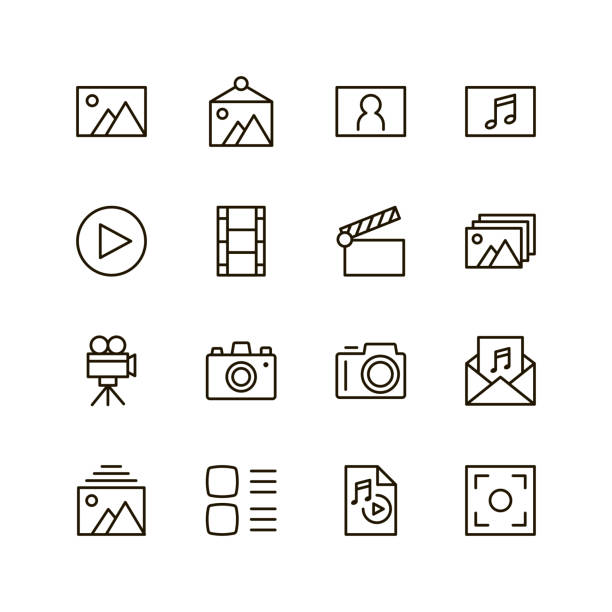 Flat line icon Gallery icon set. Collection of high quality outline media pictograms in modern flat style. Black information symbol for web design and mobile app on white background. Multimedia line icon. modern photography art stock illustrations