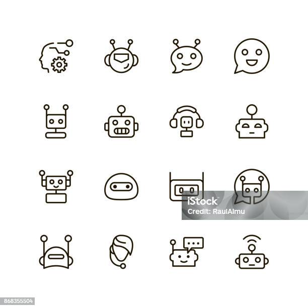 Icône De La Ligne Plate Vecteurs libres de droits et plus d'images vectorielles de Icône - Icône, Robot, Chatbot