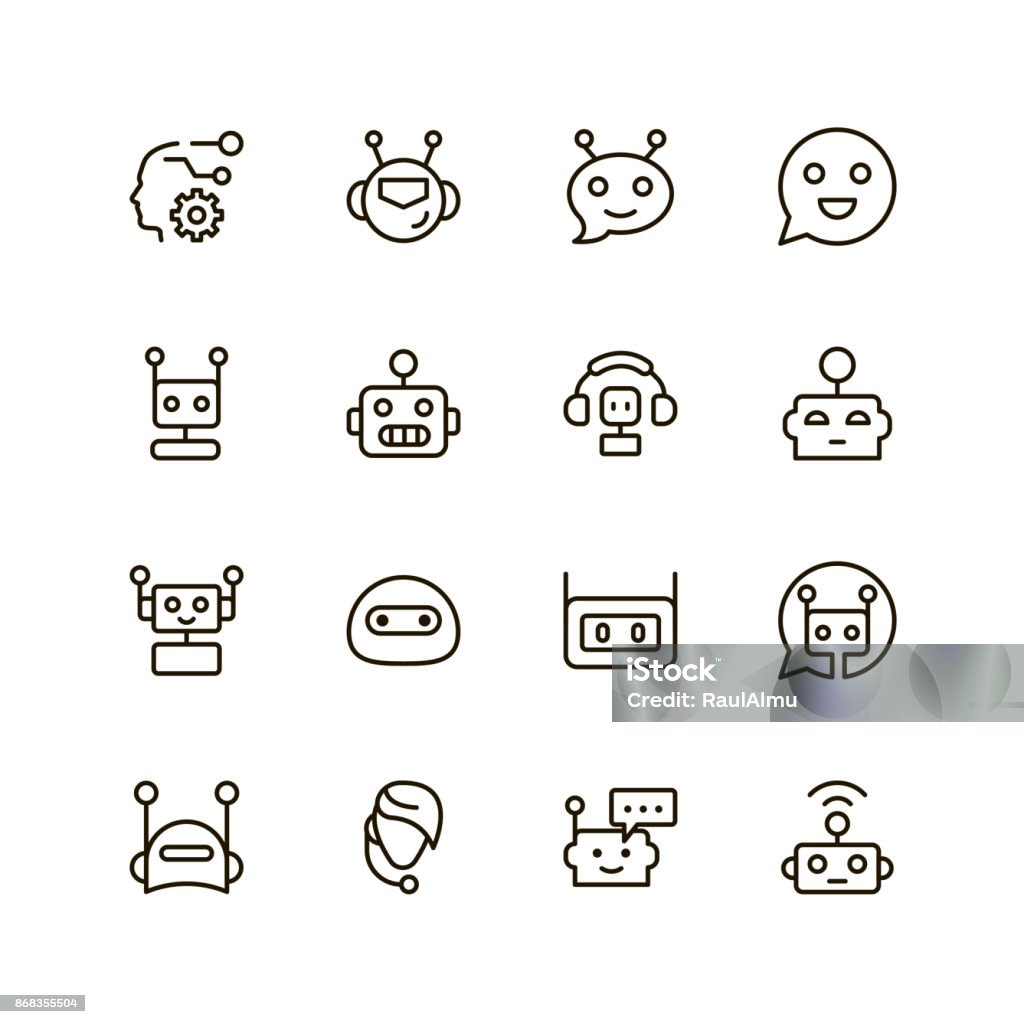 Flat line icon Chat bot icon set. Collection of high quality outline chat pictograms in modern flat style. Black artificial intelligence symbol for web design and mobile app on white background. Bots line icon. Icon Symbol stock vector
