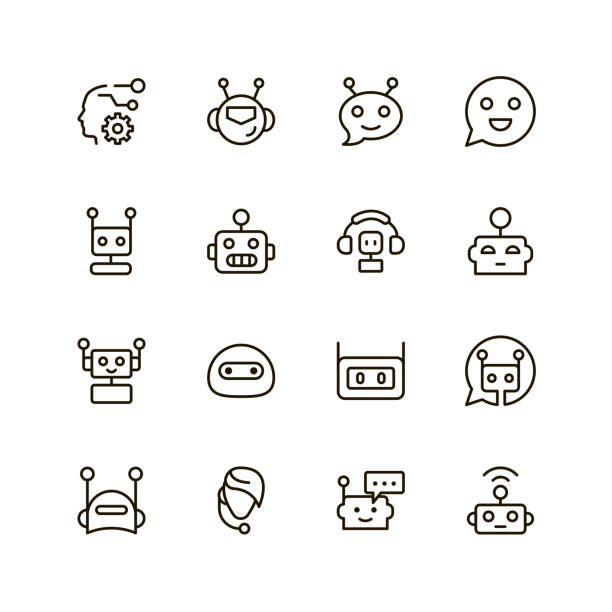 Flat line icon Chat bot icon set. Collection of high quality outline chat pictograms in modern flat style. Black artificial intelligence symbol for web design and mobile app on white background. Bots line icon. robot stock illustrations
