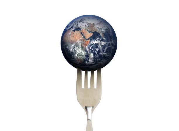 istock Blue planet earth with fork, isolated on white background, environmental and food concept. Elements of this image are furnished by NASA 868355696