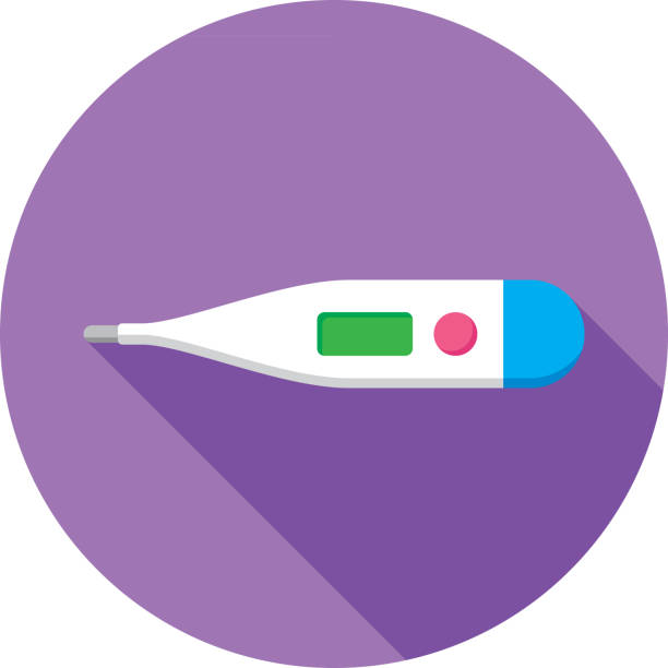 Thermometer Icon Flat Vector illustration of a digital thermometer against a purple background in flat style. cartoon thermometer stock illustrations