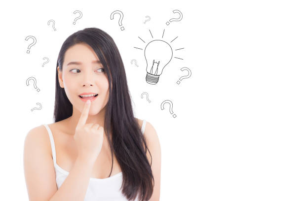 istock Asian woman thinking with drawing question mark for decision and have a idea isolated on white background - Solution and inspiration of girl genius for success concept. 868372628