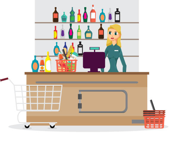 supermarket sklep licznik biurko sprzętu i urzędnik w mundurze dzwonienie do zakupów spożywczych - shopping supermarket department store women stock illustrations