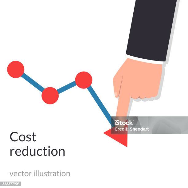 Cost Reduction Concept Cost Down Businessman With His Hand Lowers The Arrow Of The Graph Decrease Down Profit Declining Chart Vector Illustration Flat Design Isolated On Background Stock Illustration - Download Image Now
