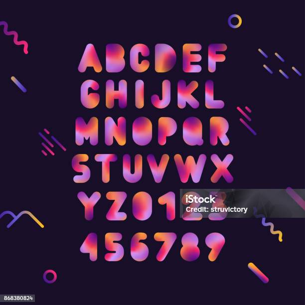 Vector Capital Trendy Gradient Fluid Alphabet With Numbers On Black Background Stock Illustration - Download Image Now