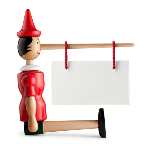 Pinocchio with blank placard hanging on the nose on a white background.