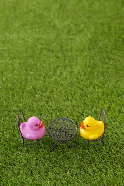 istock Yellow and purple rubber ducks sitting opposite each other either side of a round table set on artificial grass. 868385276