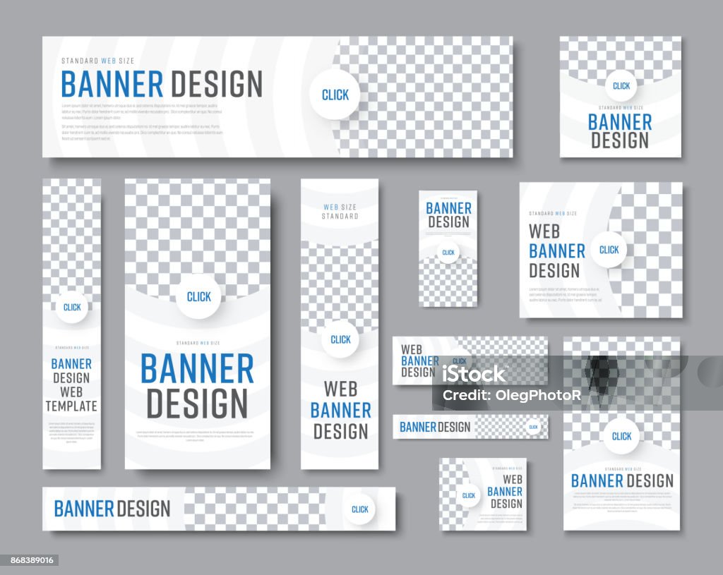 Design of white banners of standard sizes with a place for a photo Design of vector white banners of standard sizes with a place for a photo. Vertical and horizontal web templates with semicircular elements and a round button. Web Banner stock vector