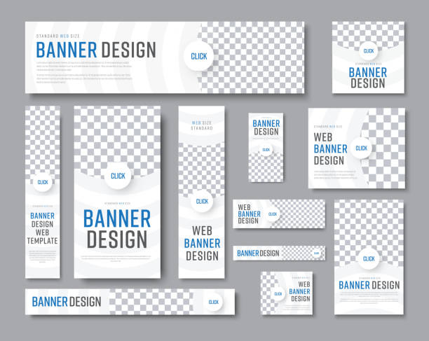Design of white banners of standard sizes with a place for a photo Design of vector white banners of standard sizes with a place for a photo. Vertical and horizontal web templates with semicircular elements and a round button. digital ads mockups stock illustrations