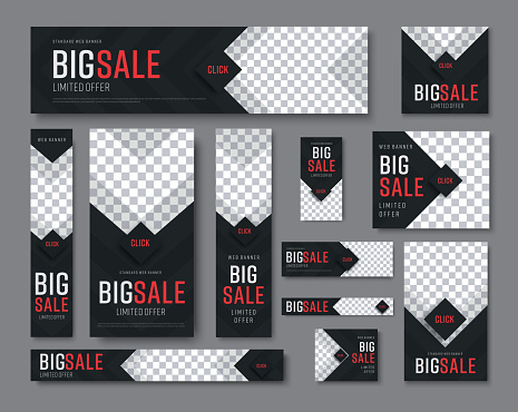 set of vector  black web banners of standard sizes for sale with a place for photos. Vertical and horizontal templates with arrows and a diamond-shaped button.