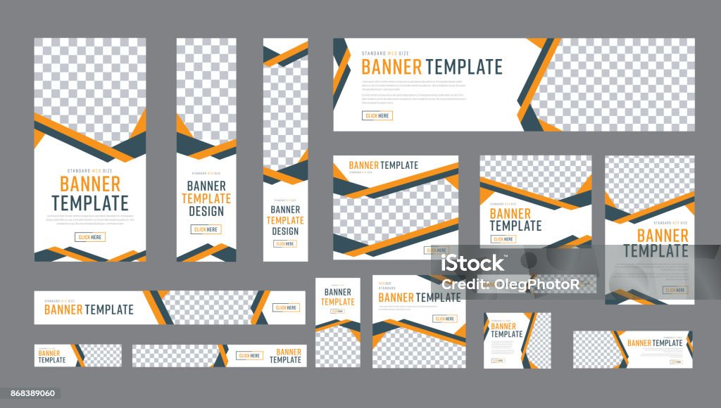 set of web banners of standard size with a place for photos set of web banners of standard size with a place for photos. Vertical, horizontal and square template with black and yellow ribbon (lines), and buttons. Vector illustration Web Banner stock vector