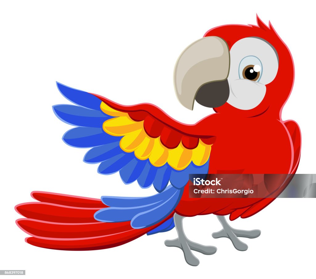 Cartoon Parrot Character Cartoon parrot character pointing with its wing Parrot stock vector