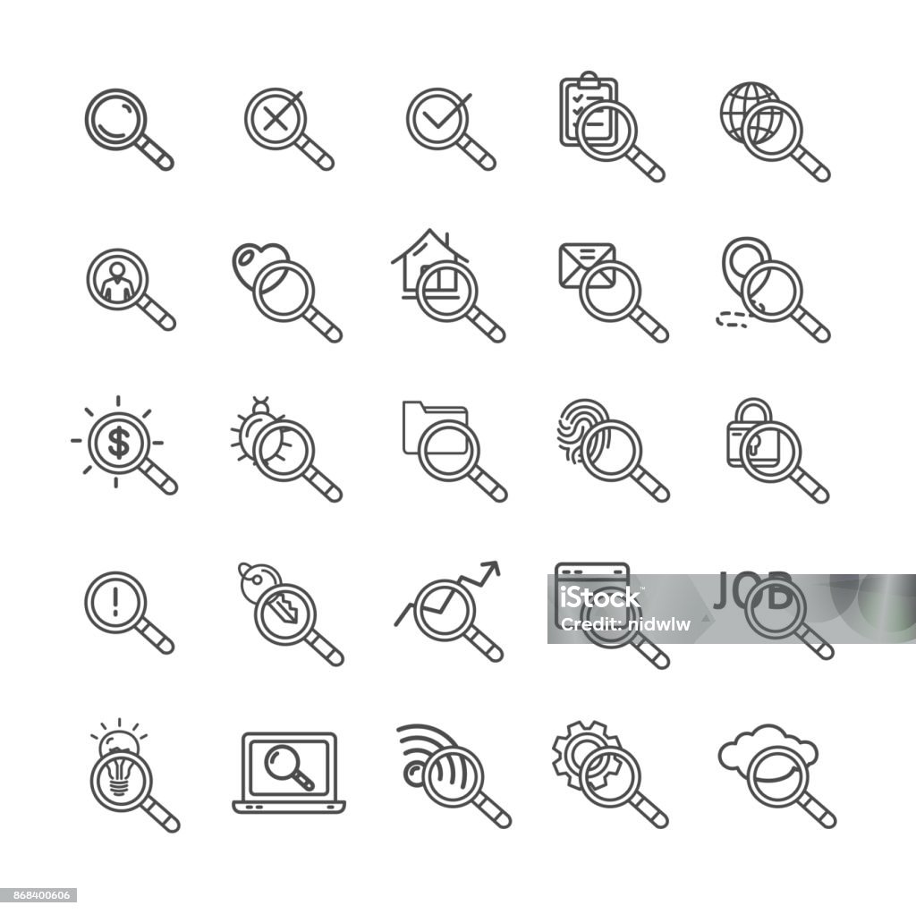 Search Signs Black Thin Line Icon Set. Vector Search Signs Black Thin Line Icon Set Element for Web Design Include of Cloud, Key, Email and Lamp. Vector illustration Magnifying Glass stock vector