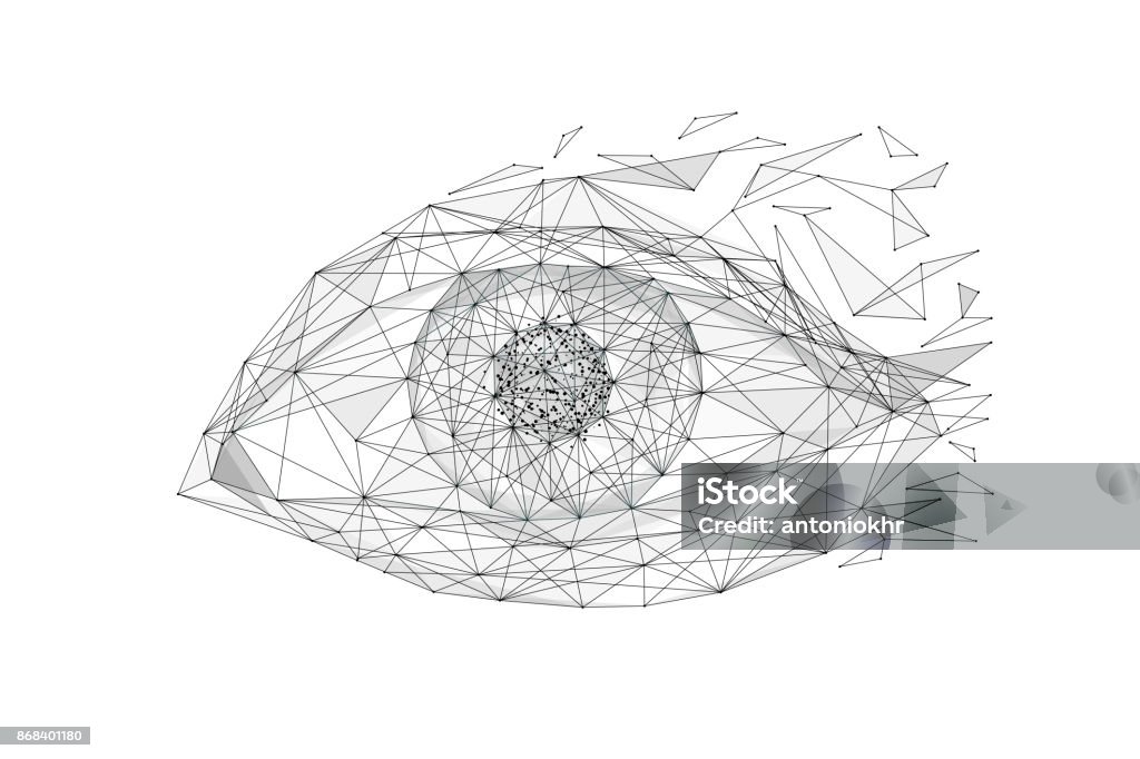 eye low poly black Eye low poly wireframe isolated black on white background. Abstract mash line and point origami. Vector polygon illustration. Technoligy eyes with geometry triangle. Light connection digital structure Eye stock vector