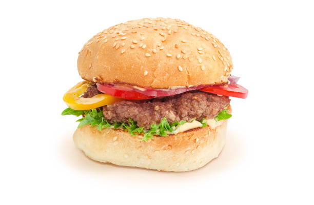 istock Hamburger with beef patty and vegetables on a white background 868401218