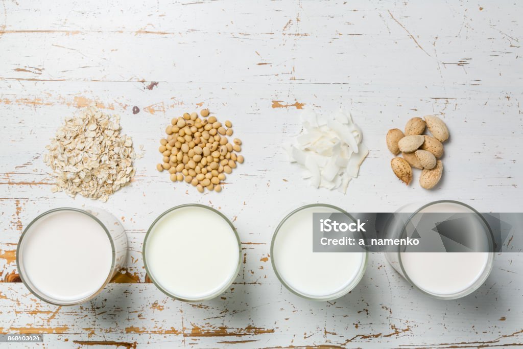 Non dairy milk concept Non dairy milk concept - milk alternatives in glasses Milk Stock Photo