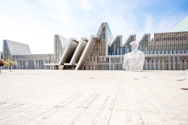 Saragoza, Spain - August 21, 2017: View on the sculpture Alma del Ebro and pavilion building of international exposition held in 2008 in Zaragoza, Spain