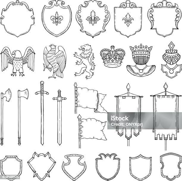 Middeleeuwse Heraldische Symbolen Isoleren Op Wit Vector Hand Getekende Illustraties Stockvectorkunst en meer beelden van Wapen - Insigne