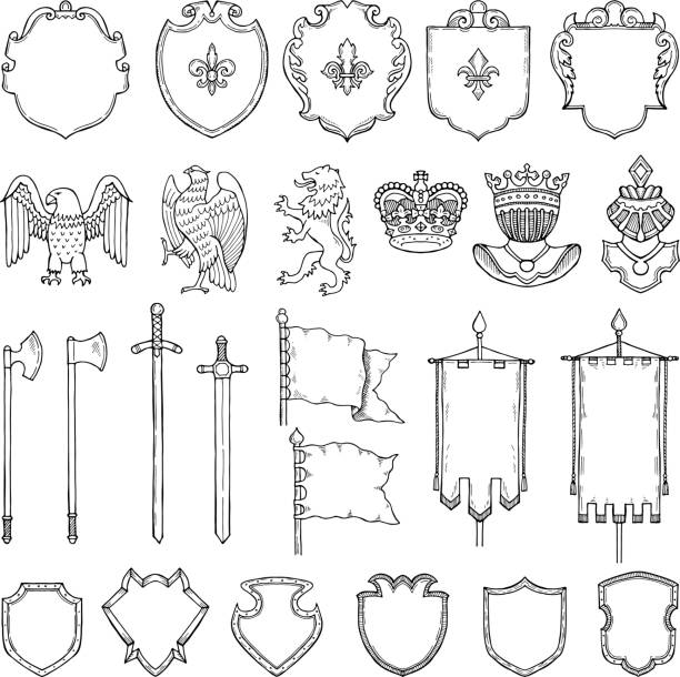 ilustrações, clipart, desenhos animados e ícones de símbolos heráldicos medievais isolam em branco. vetorial mão desenhadas ilustrações - coat of arms insignia lion nobility