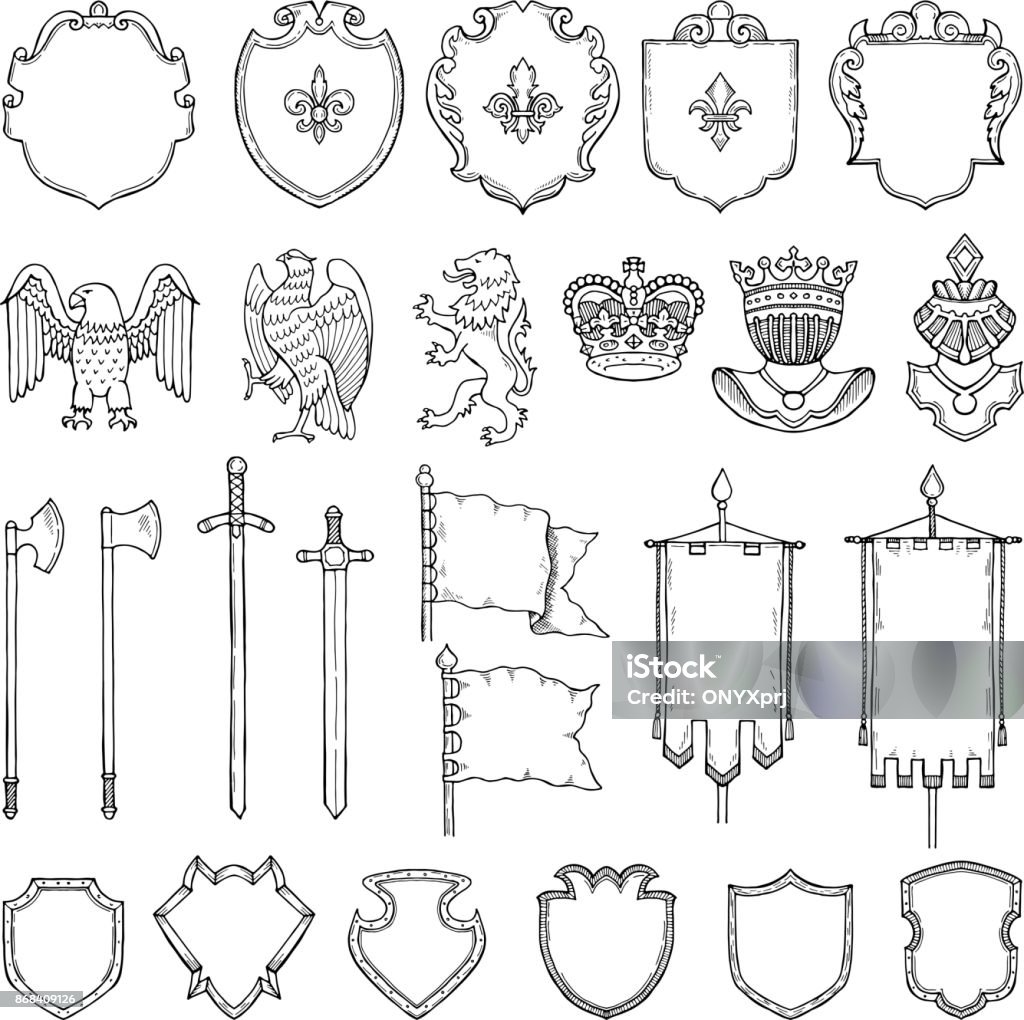 Medieval heraldic symbols isolate on white. Vector hand drawn illustrations Medieval heraldic symbols isolate on white. Vector hand drawn illustrations. Medieval emblem royal crown and ancient sword Coat Of Arms stock vector