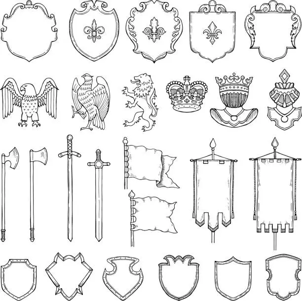 Vector illustration of Medieval heraldic symbols isolate on white. Vector hand drawn illustrations