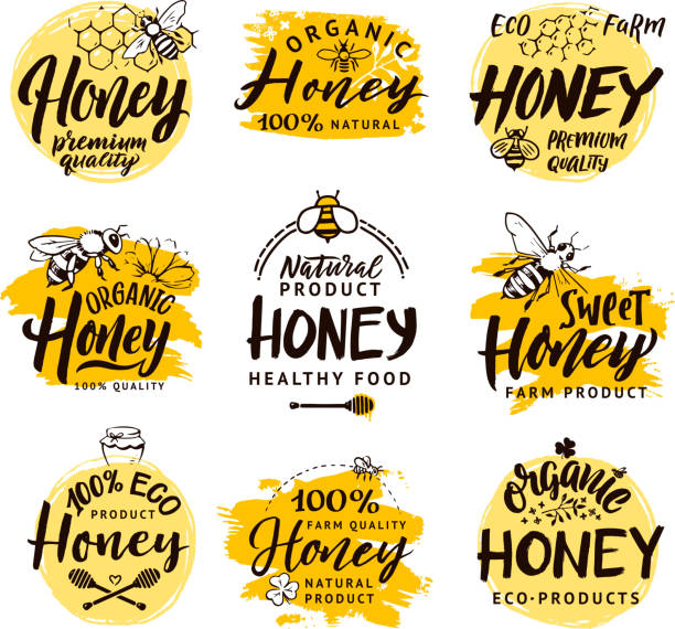 illustrazioni stock, clip art, cartoni animati e icone di tendenza di parole e lettere disegnate a mano vettoriale. set logo per prodotti a base di miele - miele dolci