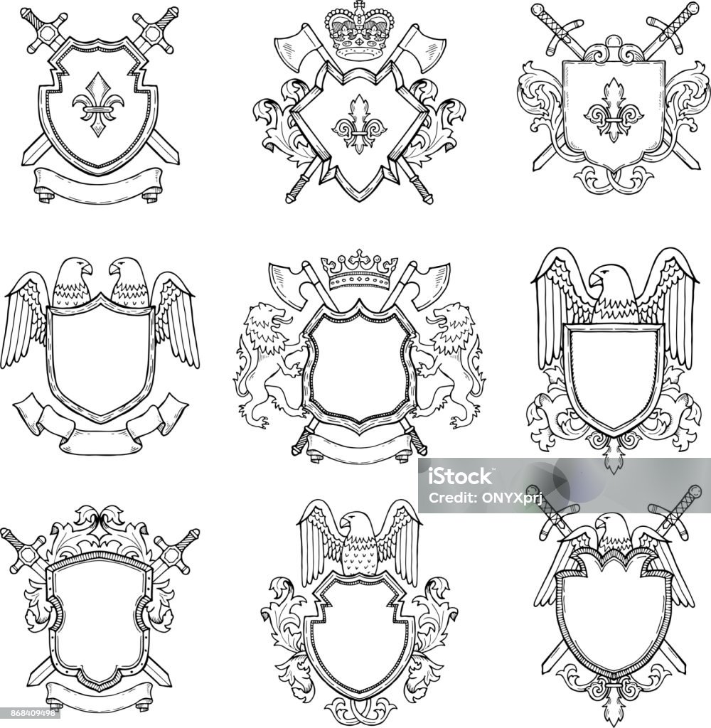 Template of heraldic emblems for different design project Template of heraldic emblems for different design project. Emblem vintage heraldic with wing and sword. Vector illustration Coat Of Arms stock vector