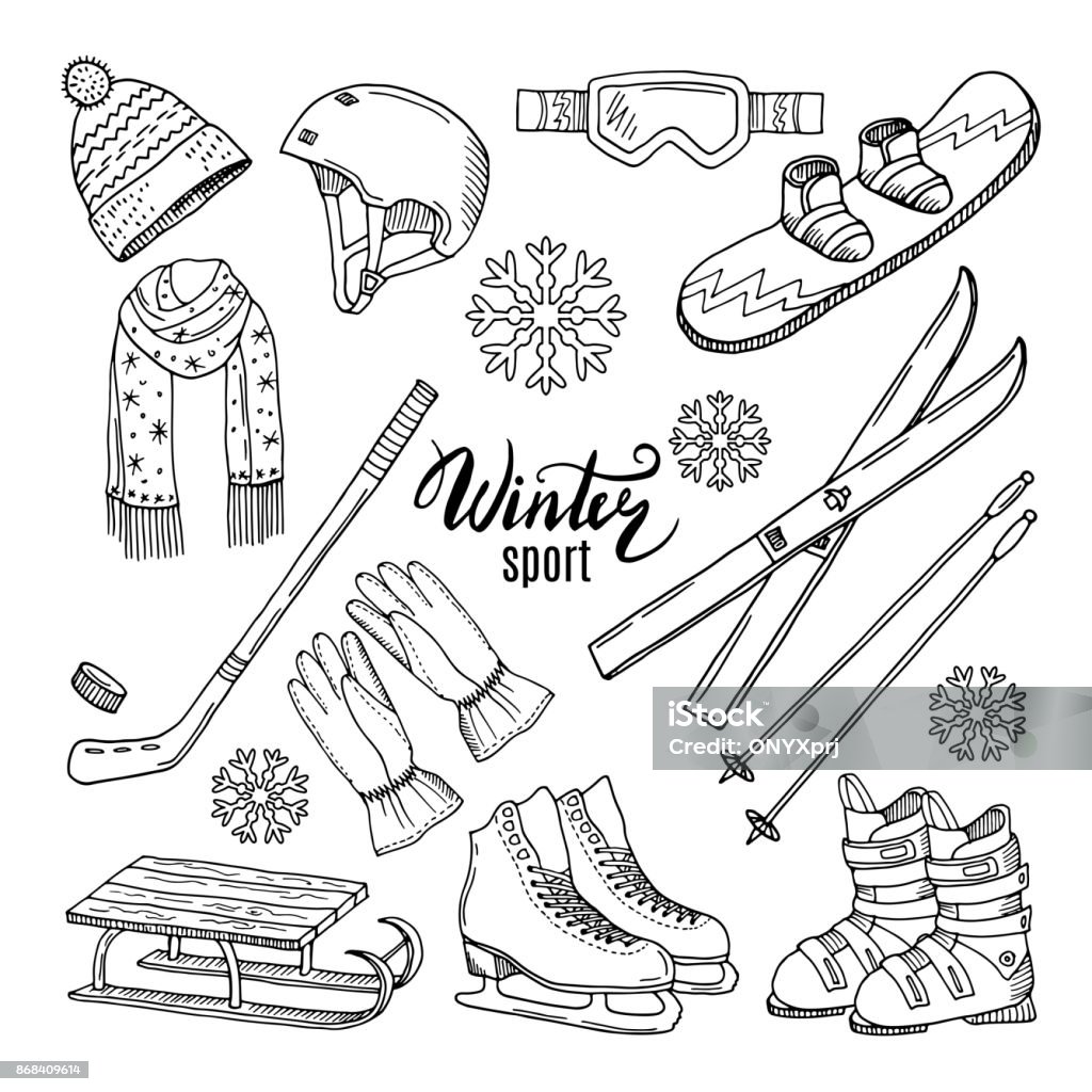 Illustrations of winter sport. Scarf, gloves, ski and others Illustrations of winter sport. Scarf, gloves, ski and others. Winter sport ski and snowboard, helmet and skates vector Ski stock vector