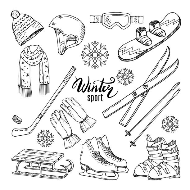 Illustrations of winter sport. Scarf, gloves, ski and others Illustrations of winter sport. Scarf, gloves, ski and others. Winter sport ski and snowboard, helmet and skates vector sport set competition round stock illustrations