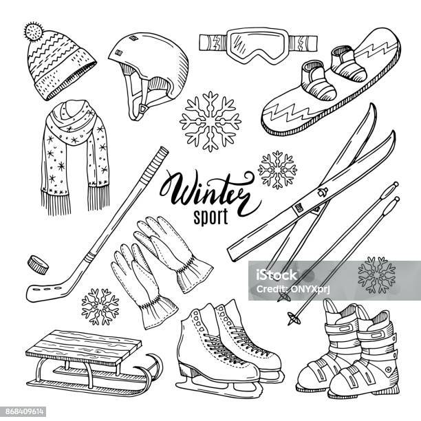 Illustrations Of Winter Sport Scarf Gloves Ski And Others Stock Illustration - Download Image Now