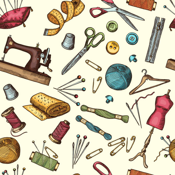 ilustrações de stock, clip art, desenhos animados e ícones de fashion seamless pattern with pictures of industrial tools for needlework or sewing workshop - sewing needlecraft product needle backgrounds
