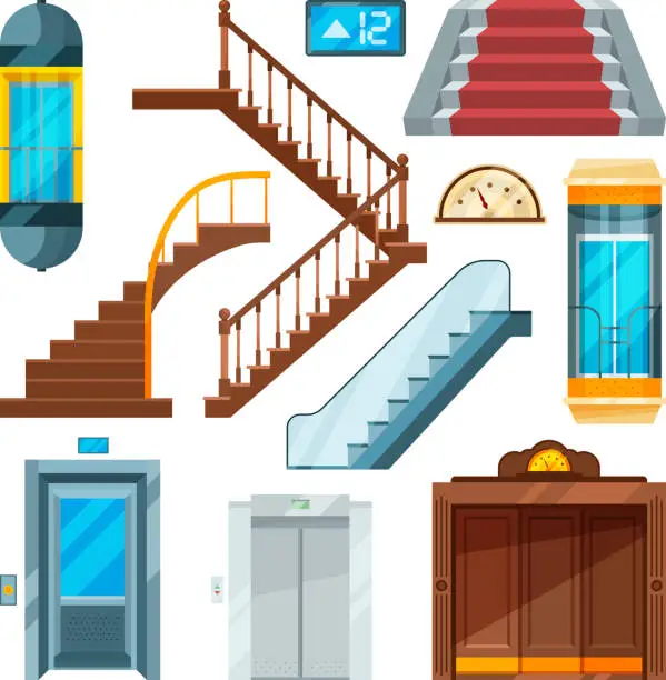 Vector illustration of Elevators and stairs in different styles. Lift mechanisms in cartoon style