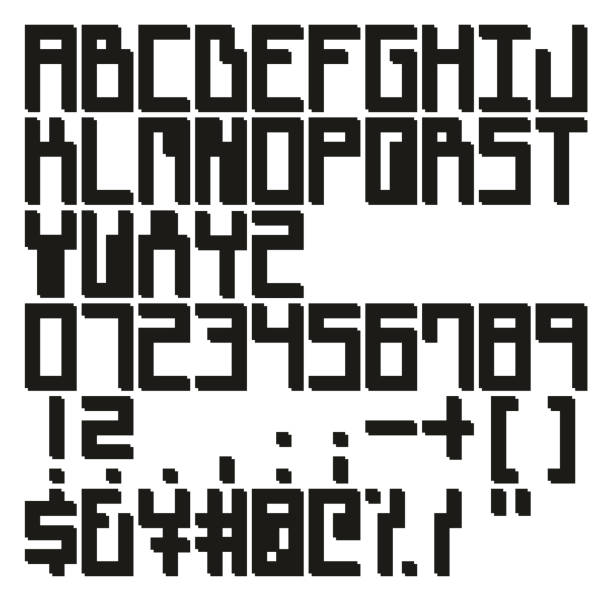 Retro Propaganda Pixel Square Vector Font with Uppercase Letters, Numbers & Signs This image is a vector illustration and can be scaled to any size without loss of resolution. handwritten-pixel-font stock illustrations