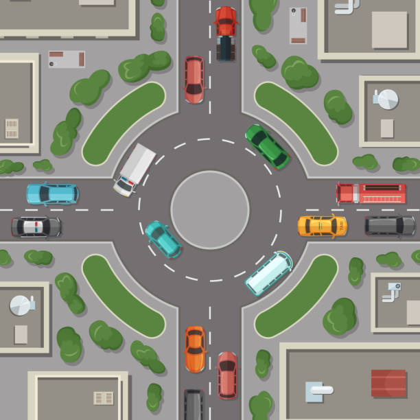 ilustrações de stock, clip art, desenhos animados e ícones de vector city buildings, roads and cars top view illustration - road top view