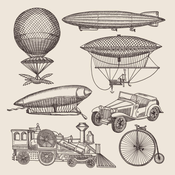 Illustrations of different retro transport. Balloons, zeppelin, machines and others. Hand drawn illustrations in steampunk Illustrations of different retro transport. Balloons, zeppelin, machines and others. Hand drawn illustrations in steampunk air transport zeppelin and aircraft, dirigible and ballon vector steampunk style stock illustrations