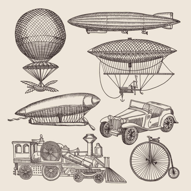 Illustrations of different retro transport. Balloons, zeppelin, machines and others. Hand drawn illustrations in steampunk Illustrations of different retro transport. Balloons, zeppelin, machines and others. Hand drawn illustrations in steampunk air transport zeppelin and aircraft, dirigible and ballon vector clip art of how to draw a train stock illustrations