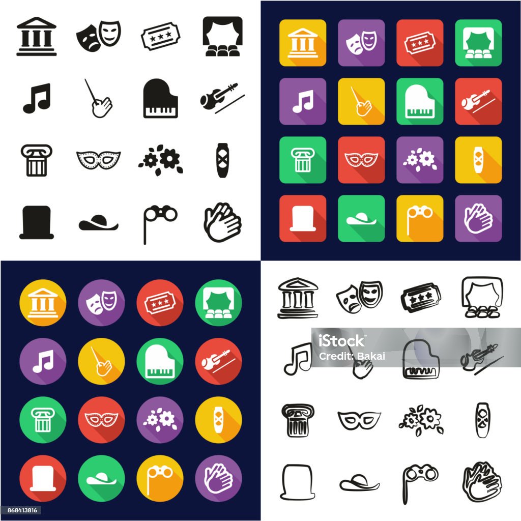 Theater All in One Icons Black & White Color Flat Design Freehand Set This image is a vector illustration and can be scaled to any size without loss of resolution. Icon Symbol stock vector