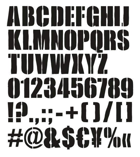 современный смелый ящик stencil вектор шрифт с uppercase письма, цифры и знаки - stencil stock illustrations