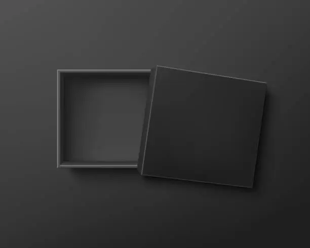 Vector illustration of Opened black empty gift box on dark background.