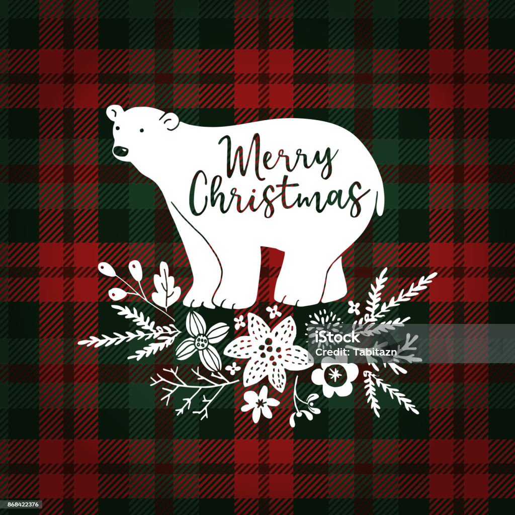 Merry Christmas greeting card, invitation. Hand drawn white polar bear with fir tree branches. Floral decoration with poinsettia and mistletoe. Tartan checkered plaid, vector illustration background Merry Christmas greeting card, invitation. Hand drawn white polar bear with fir tree branches. Floral decoration with poinsettia and mistletoe, tartan checkered plaid, vector illustration background. Christmas stock vector