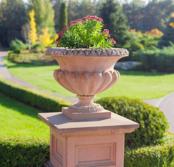 istock Stone vase with red chrysanthemums in a park 868425022