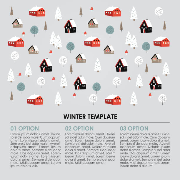 Christmas winter infographics template. Snowy landscape with hand drawn trees and houses. Vector illustration background Christmas winter infographics template. Snowy landscape with hand drawn trees and houses, vector illustration background. northern european stock illustrations