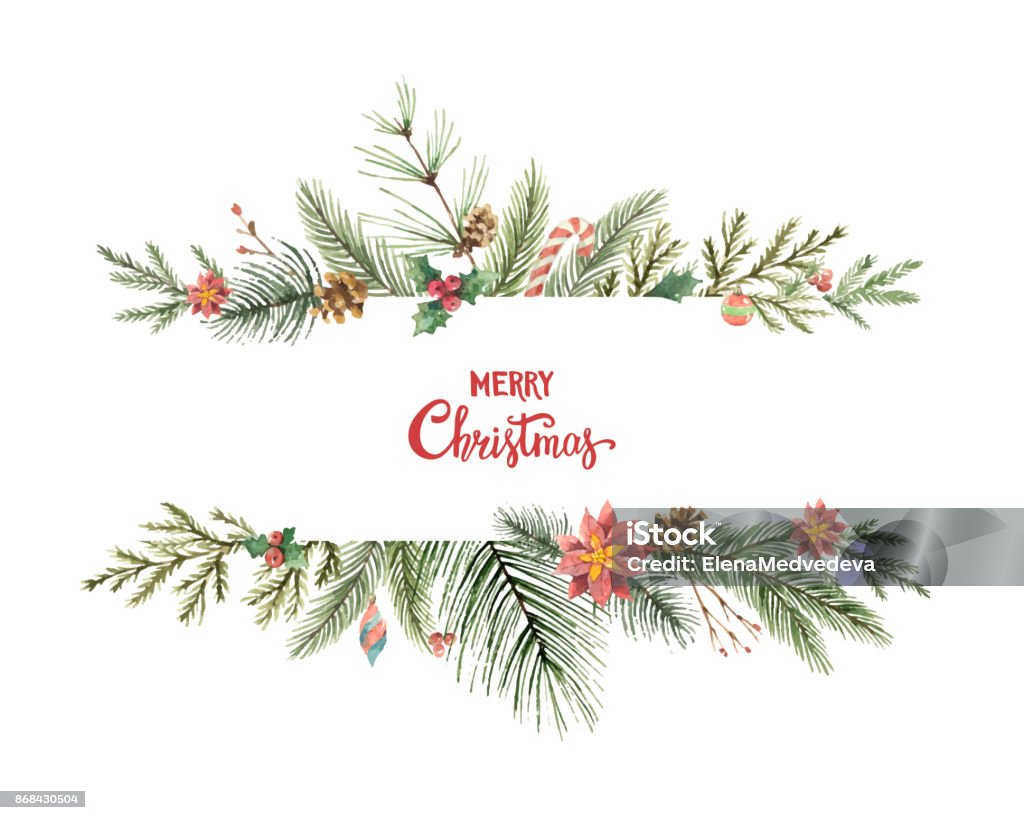 Bannière de Noël vecteur Aquarelle avec des branches de sapin et de la place pour le texte. - clipart vectoriel de Noël libre de droits