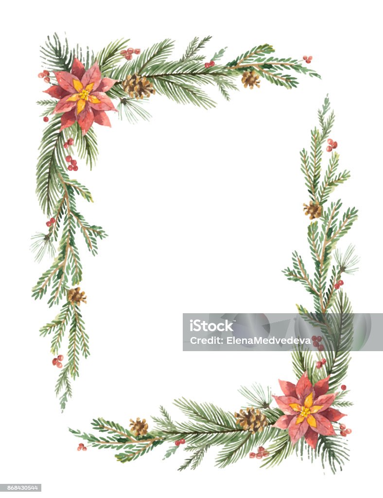 Watercolor vector Christmas frame with fir branches and place for text. Watercolor vector Christmas frame with fir branches and place for text. Illustration for greeting cards and invitations isolated on white background. Border - Frame stock vector