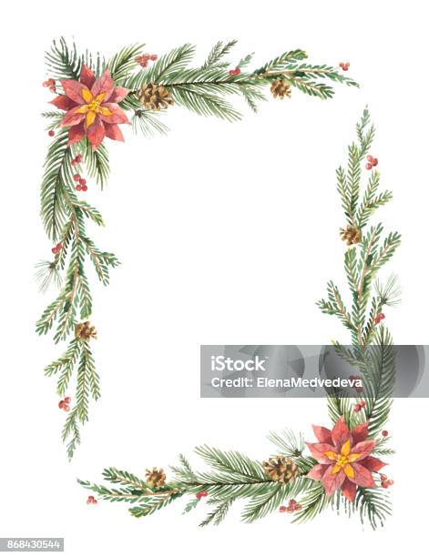 Watercolor Vector Christmas Frame With Fir Branches And Place For Text Stock Illustration - Download Image Now