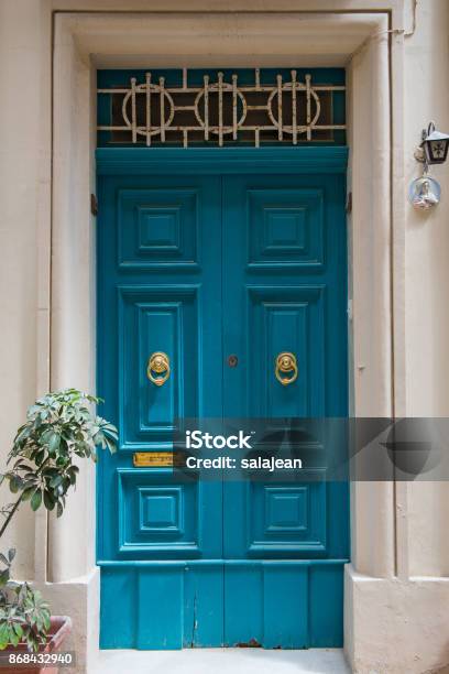 Traditional Wooden Painted Turquoise Door In Malta Stock Photo - Download Image Now - Ancient, Antique, Architecture