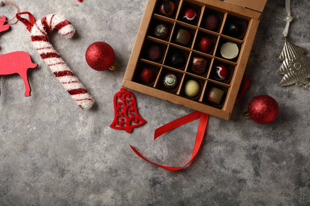 christmas background with candies box, holiday - 15851 imagens e fotografias de stock